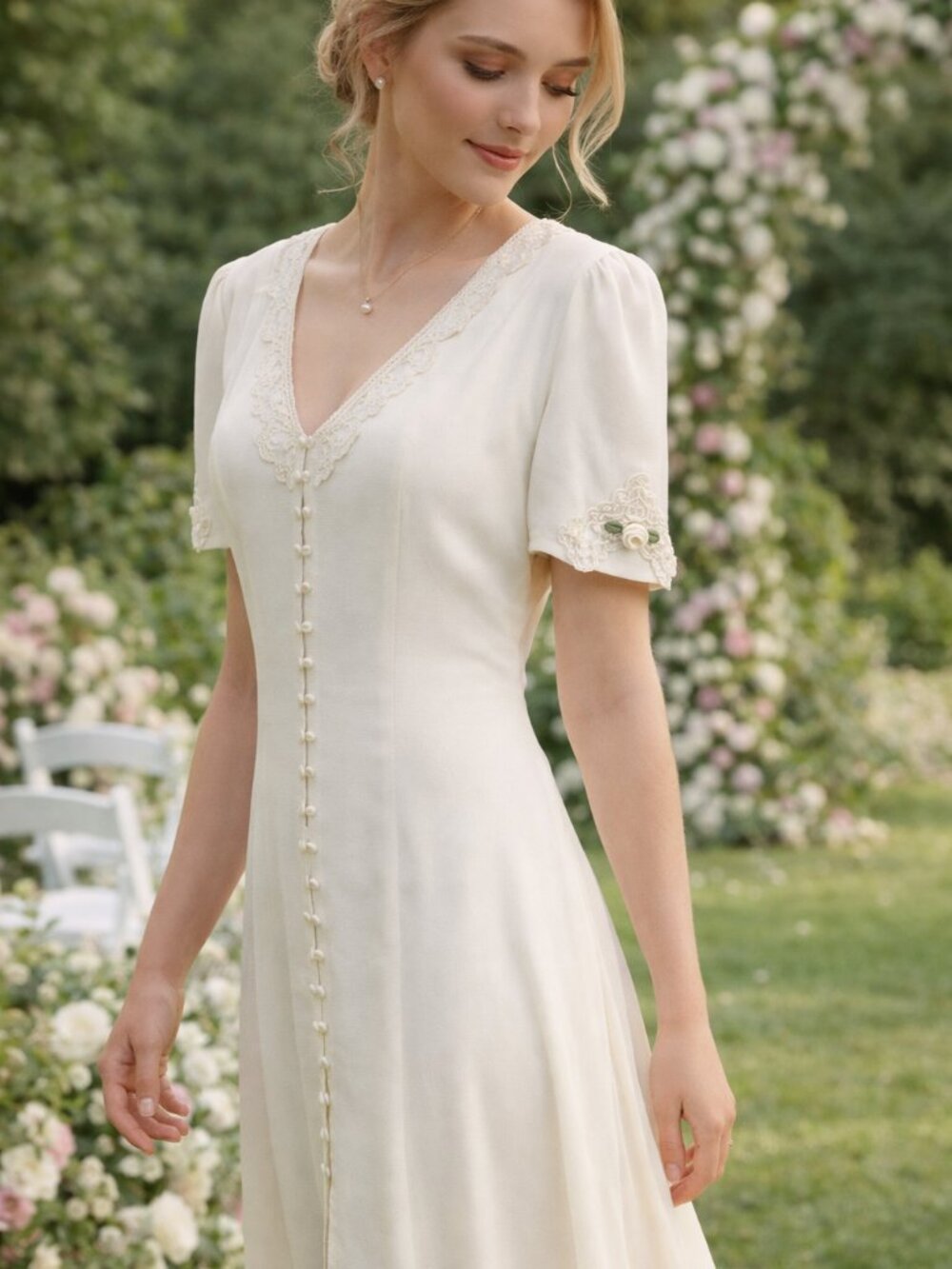 Vintage All That Jazz Ivory Maxi Dress with Lace V-Neck and Pearl Buttons